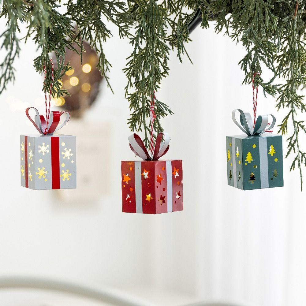 Iron Lighted Gift Box Pendant Hanging Rope Holiday Hanging Decor Xmas Tree Hanging Ornament