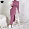 Fashion Slim Sexy Side Slit Midi Dress Women Autumn Winter Solid Turtleneck Bodycon Dress Long Sleeve Elastic Knitted Dresses