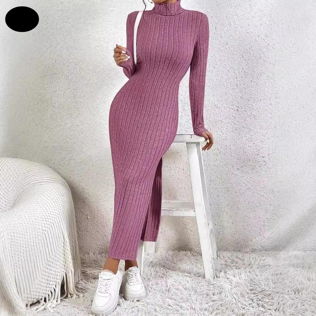 Fashion Slim Sexy Side Slit Midi Dress Women Autumn Winter Solid Turtleneck Bodycon Dress Long Sleeve Elastic Knitted Dresses
