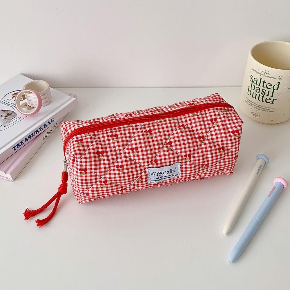 Cute Design Korean Cherry Pencil Case Large Capacity Cloth Plaid Pen Bag  Children