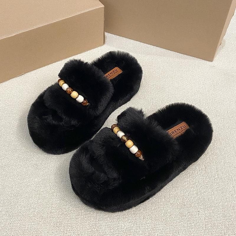 Mao Mao slippers women's home wear fashion 2025 household thick-bottomed beaded small fragrant wind warm one-word cotton slippers