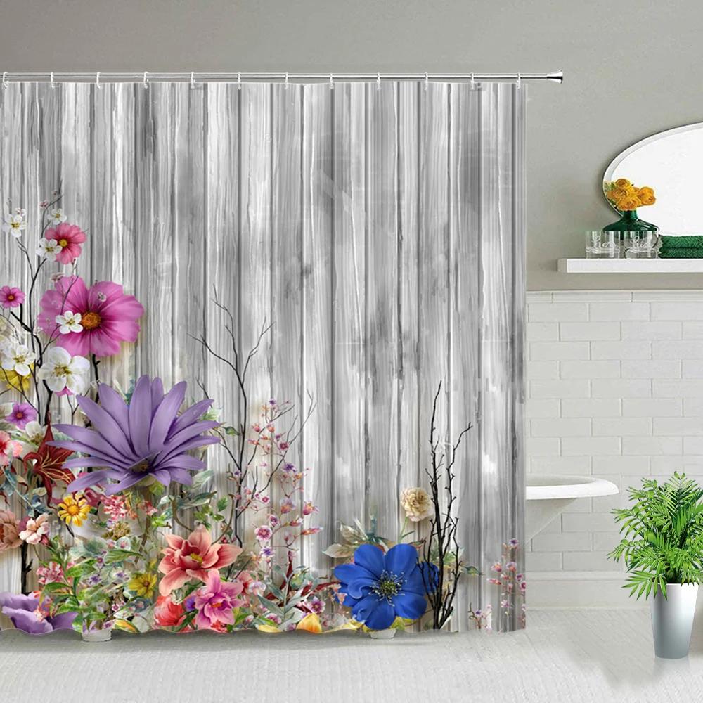 Creativity Wooden Background Flower Butterfly Shower Curtain Floral Plant Scenery Bathroom Screens Bathtub Decor Cloth Curtains