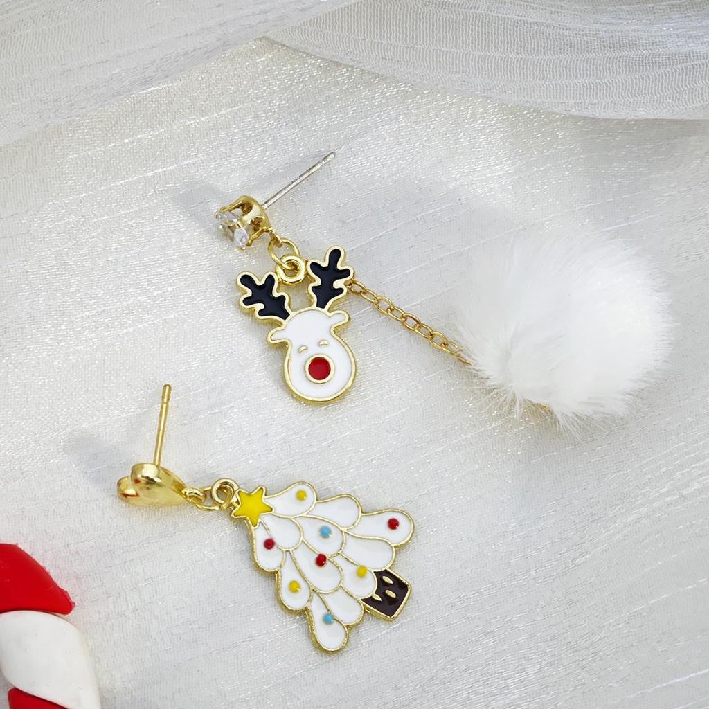 Silver Needle Cartoon Christmas Earrings: Asymmetrical Snowman & Elk with Fur Ball Pendants