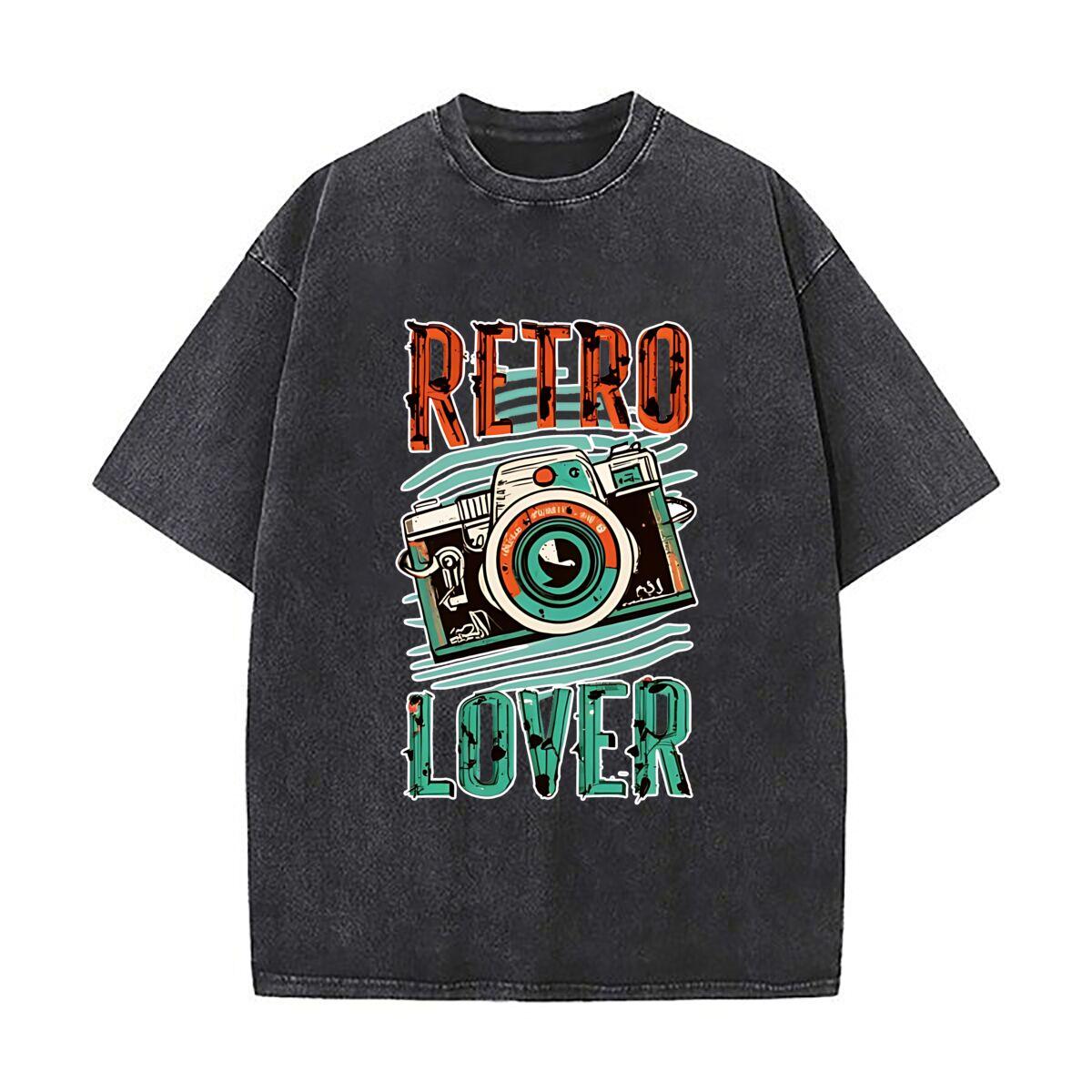 Retro Lover Art  Heavy Men Washed Casual Cotton Short Sleeve Acid Wash Top S