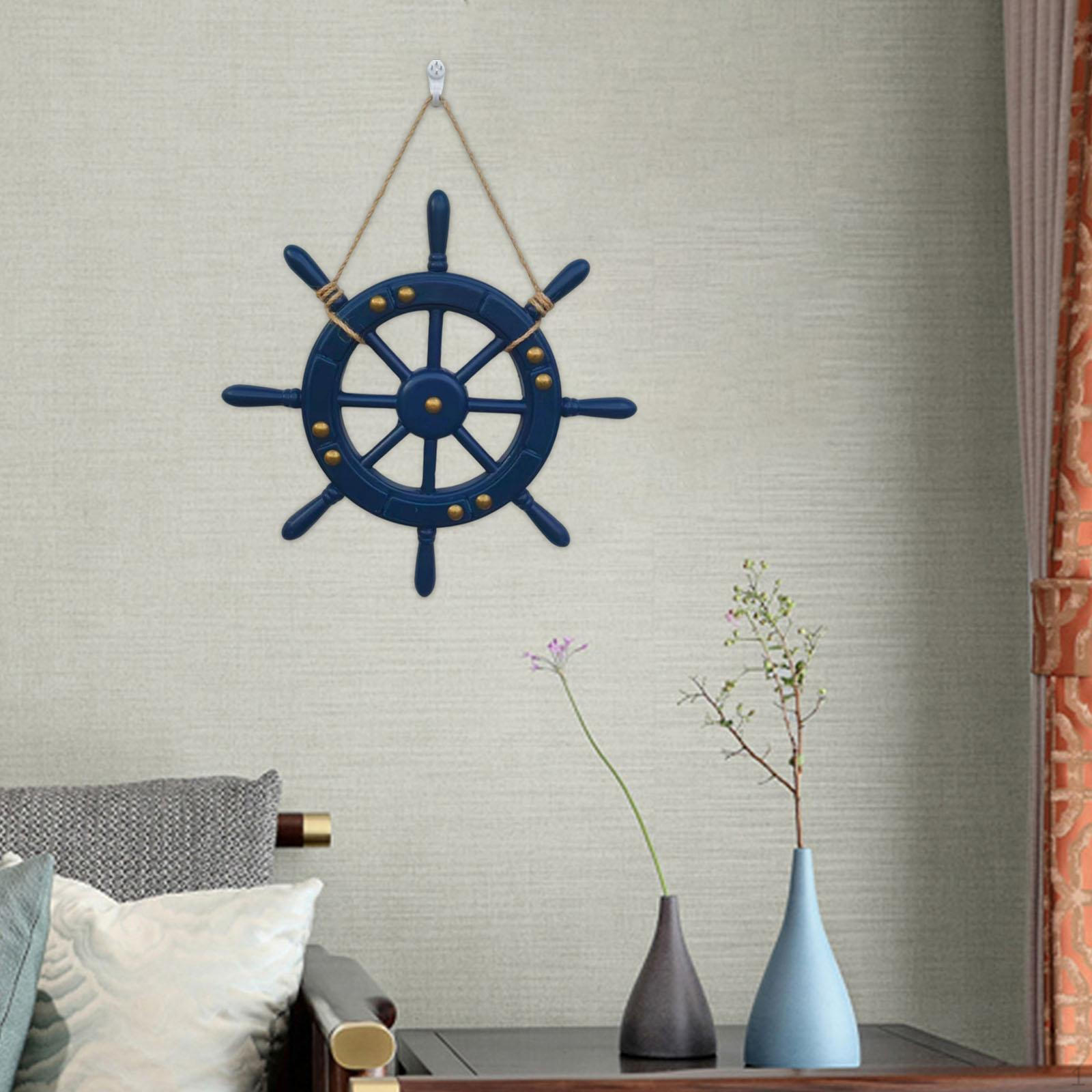 

Boat Ship Steering Wheel Rudder Hanging,Ornament Beach Theme Decor Wall Art Wooden for Deep Blue