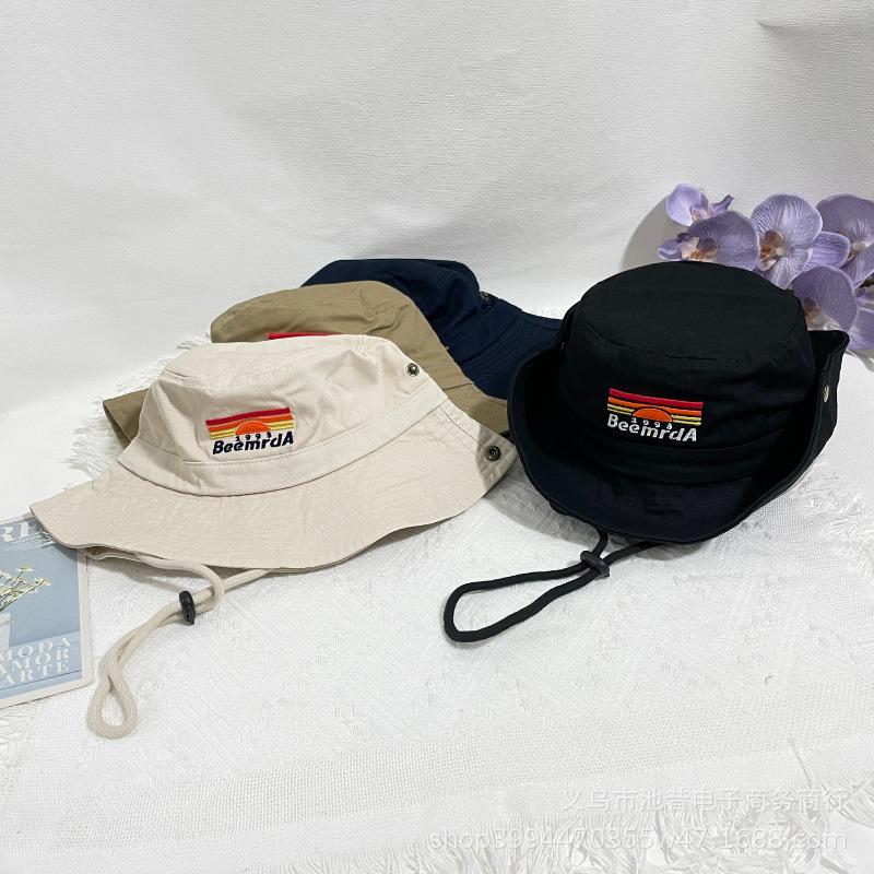 Korean Niche Design Sunrise Embroidered Bucket Hat Sunscreen Sunshade Washed Cotton Basin Hat Versatile for Men and Women