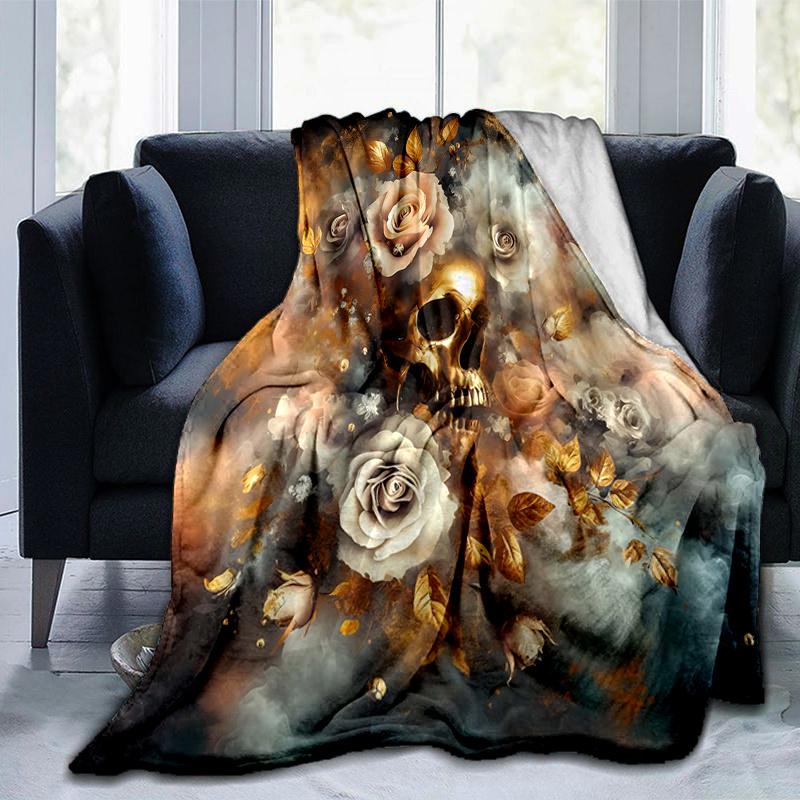1pc Golden Skull amidst Roses Blanket,Living Room, Travel.K051