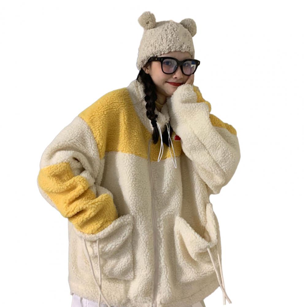 Women Winter Coat Colorbblock Thick Soft Plush Cold Resistant Patchwork Big Pockets Long Sleeve Drawstring Lady Outdoor Coat