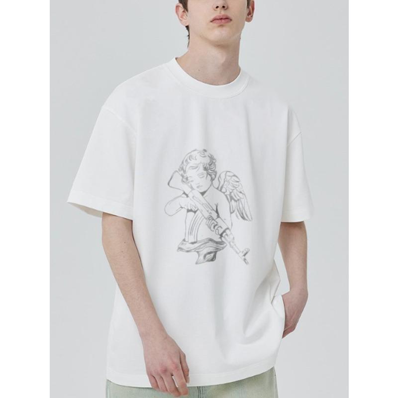 White Oversized T-Shirt with Angel Holding Rifle Graphic Print Casual Streetwear Top for Men and Women