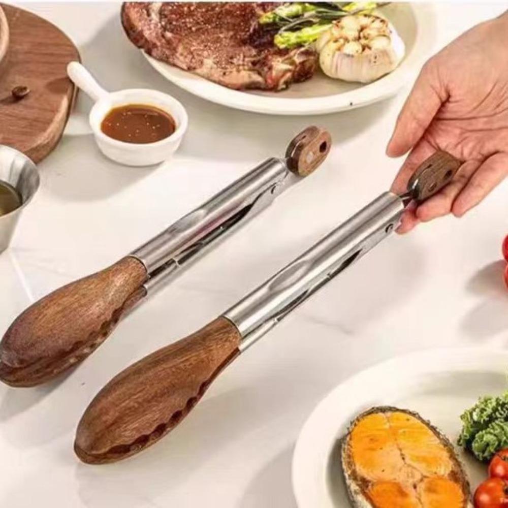 Wood Head Salad Bread Dessert Tong Stainless Steel Handle Food Clamp Barbecue Clips  Cooking
