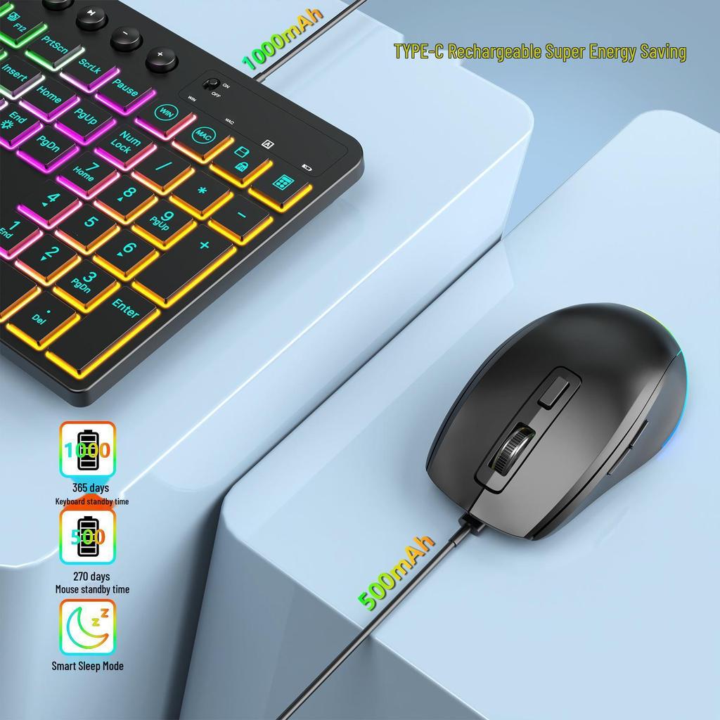 Ergonomic Colorful Backlit Wireless Keyboard and Silent Mouse Combo with Charging Feature