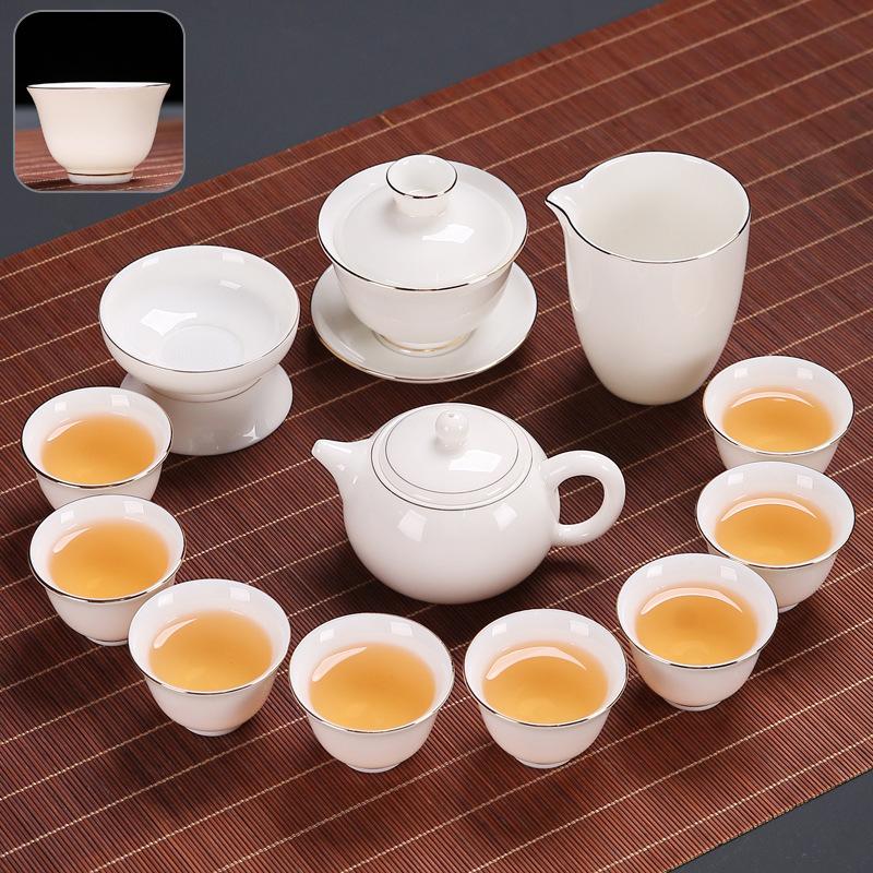 Suet Jade Kung Fu Tea Set Home Living Room Office Light Luxury Tea High-end Gift Box Cover Bowl Teacup Complete Set