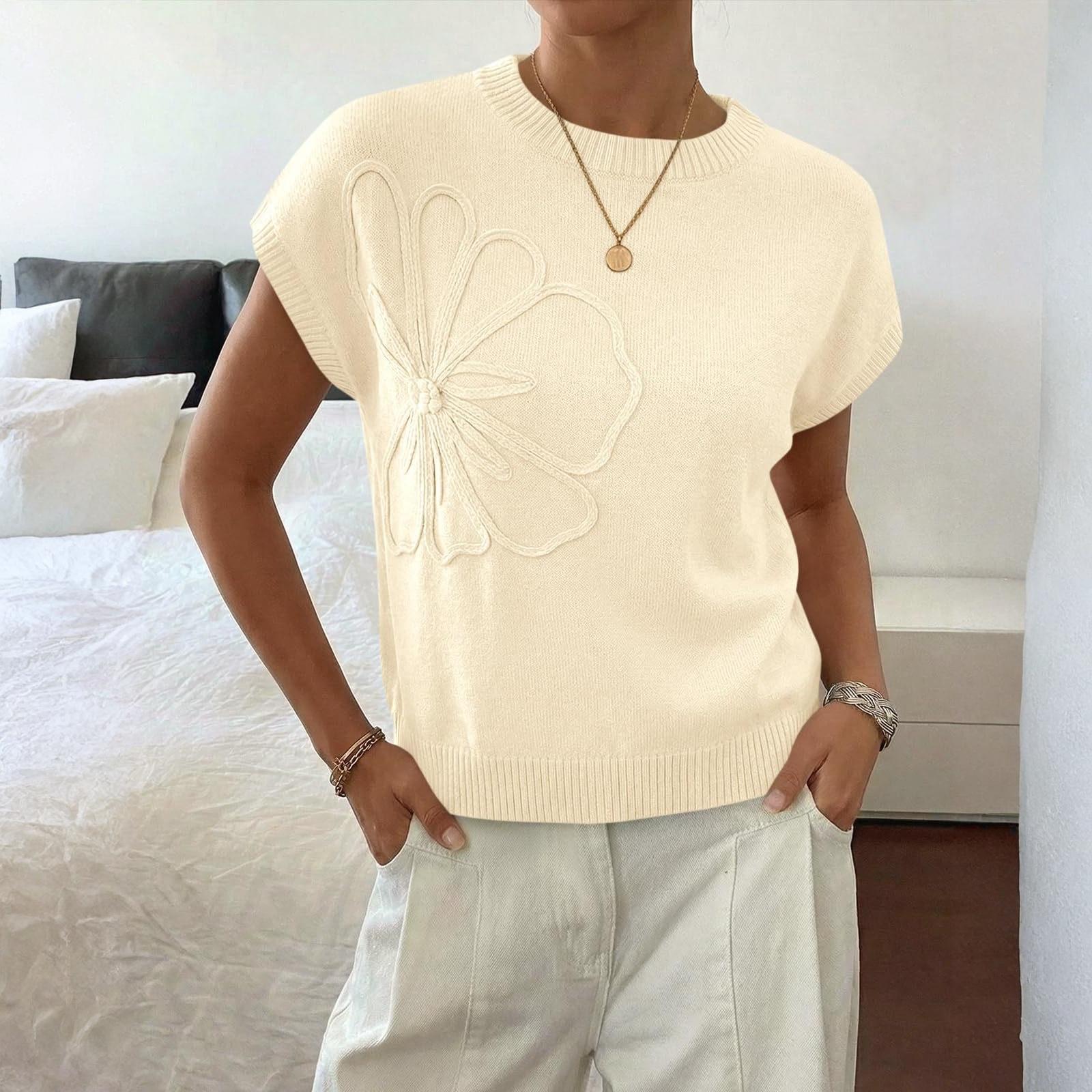 Women s Summer Fashion Color Round Neck  Knitted Short Sleeve Flower Sweater Hoodie Top L бежевый