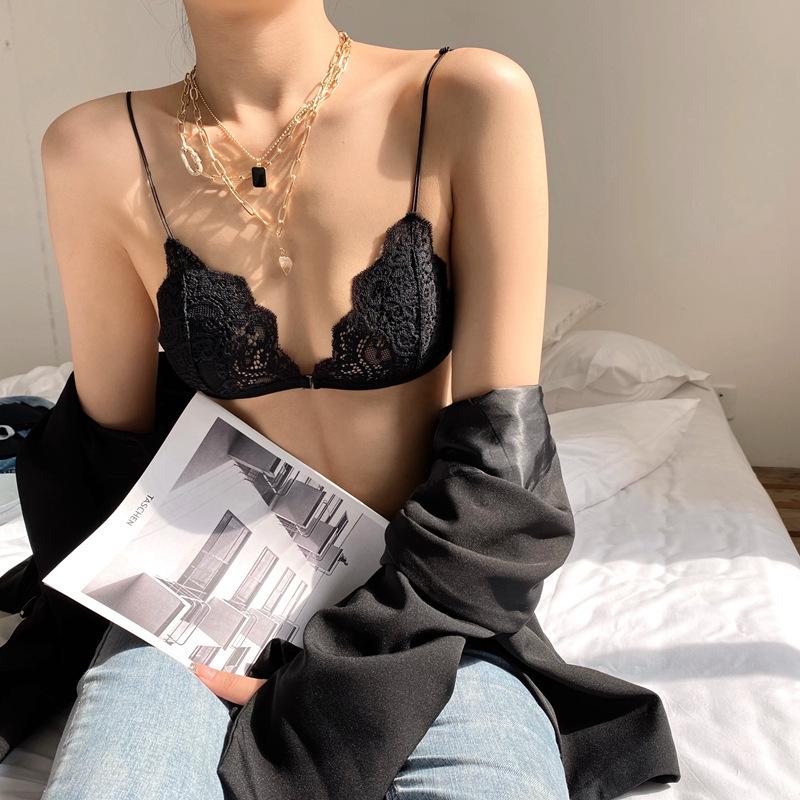Ultra-thin Lace Front Button Bra French Triangular Cup Small Chest No Steel Ring Pure Desire Slim Strap Beautiful Back