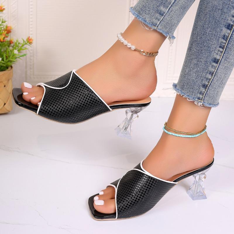 Fashion Fashion Solid PU Slip-On Leisure Slipper Strange Heels Square Open Toe Women Mules Outdoor Sandals Size 36-41 Summer New