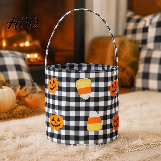 Trick or Treat Bags Halloween Bucket Basket for Kids Boys Girls Plaid Pumpkin Fall Festival Decorations Bat Ghost Candy Tote Bag with Handle