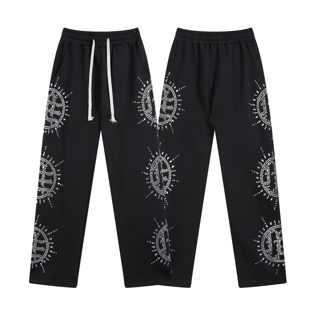 Unisex Rhinestone Zipper Hooded Cardigan & Sweatpants Set with Letter Print.