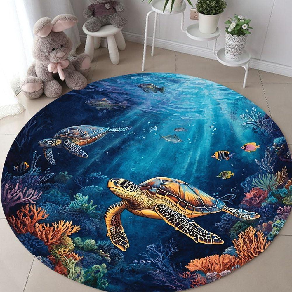 Underwater World Round Rug Ocean Theme Turtle Print Colorful Coral Pattern Carpet Art Illustration Non-Slip Kid's Room Floormat