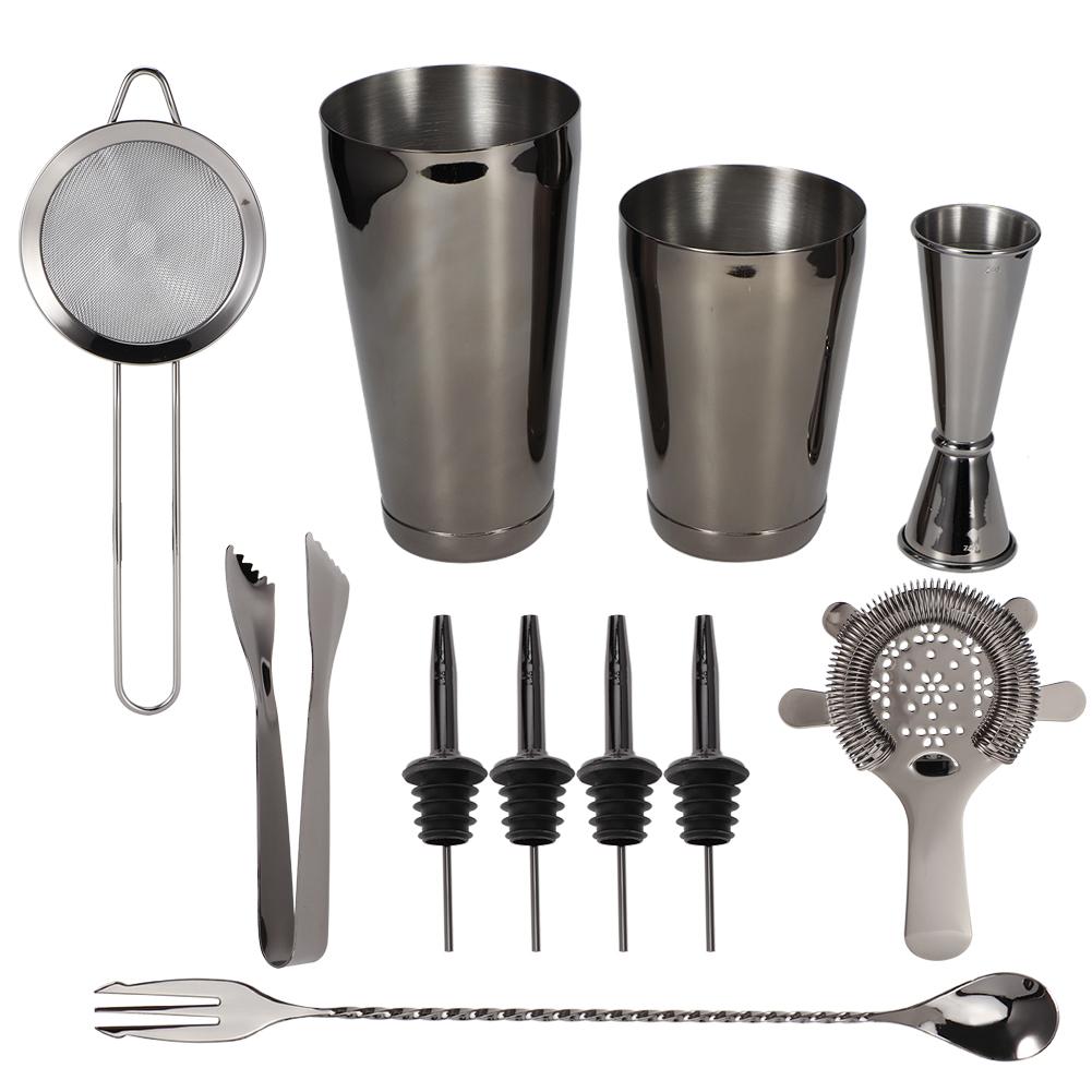 11-teiliges/Set Multifunktions-Cocktailshaker-Werkzeugset aus Edelstahl Bar Barkeeper Zubehör Schwarz