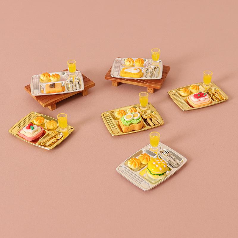 1/12 Dollhouse Mini Bread Hamburger Juice Set Dollhouse Simulation Breakfast Food Decor Dolls House Kitchen Pretend Play Toys