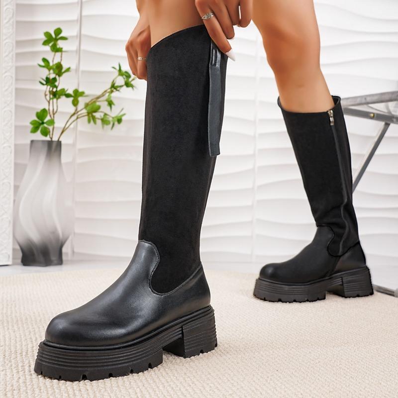 Fashion Non-Knee High Boots Autumn New Round Toe Spliced Side Zipper Platform Non-Slip Wear-Resistant Block Heel Single Boots
