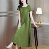 Women Casual O-neck Short Sleeve Summer Pleated Dress