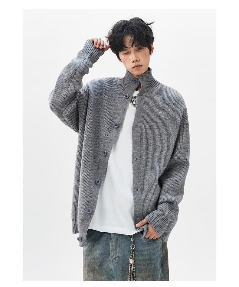 Men's Japanese Retro Solid Turtleneck Cardigan Sweater - Casual Knitwear, Trendy Stand Collar Jacket for Teens