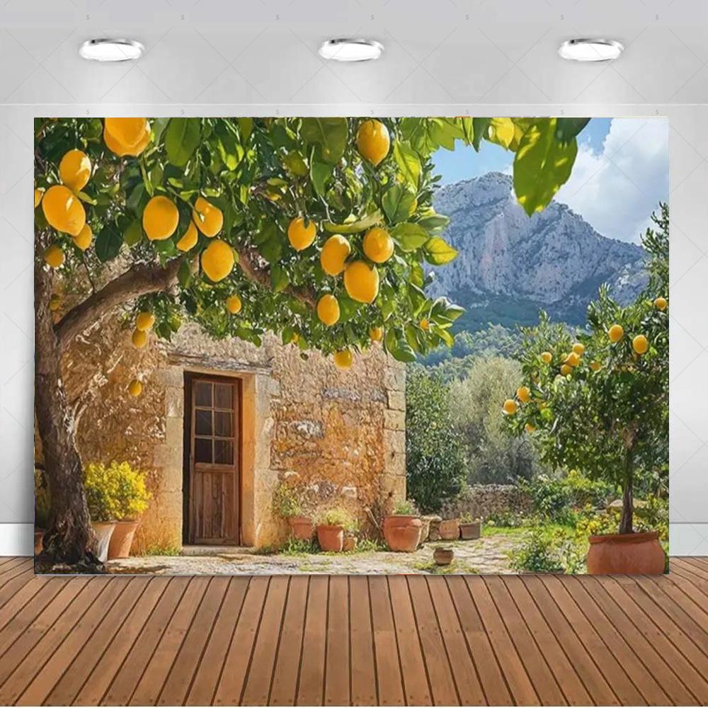 Seaside Town Lemon Tree Background Banner Open Window Landscape Backdrop Supplies Photography Prop Birthday Party Decorations