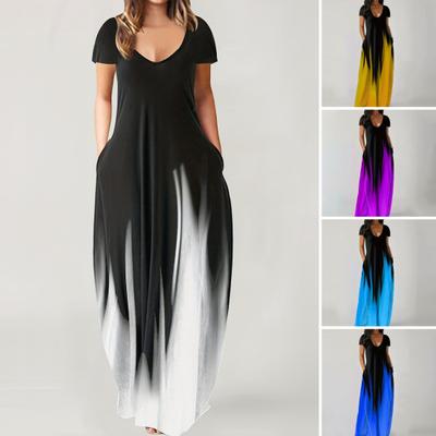 Damen-Sommerkleid, tief ausgeschnitten, V-Ausschnitt, kurze Ärmel, Kontrast, Farbverlauf, lockere Taschen, bodenlang, weich, atmungsaktiv, lässig, täglich, Maxikleid