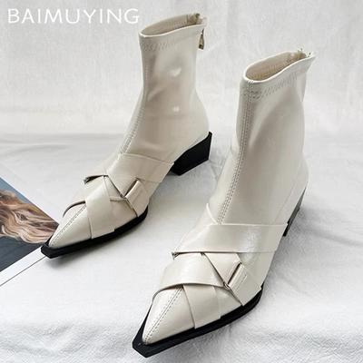 Bottines en Cuir pour Femmes Bout Pointu Sexy Chaussures Plates Designer Hiver Nouvelle Marque Tendance Mode Gladiateur Chaussures Femme