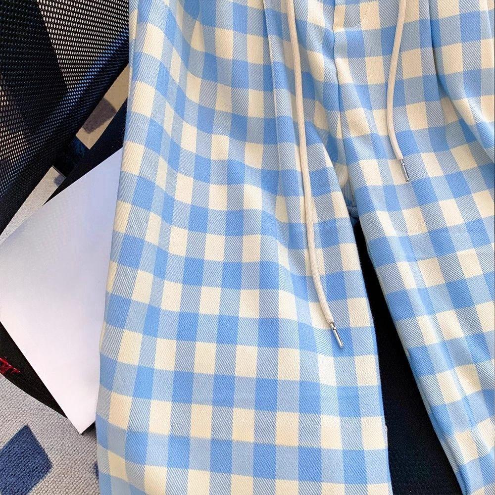 Women's Blue & White Checkered Wide-Leg Pants - Loose, Plus Size, Slimming, Floor-Length