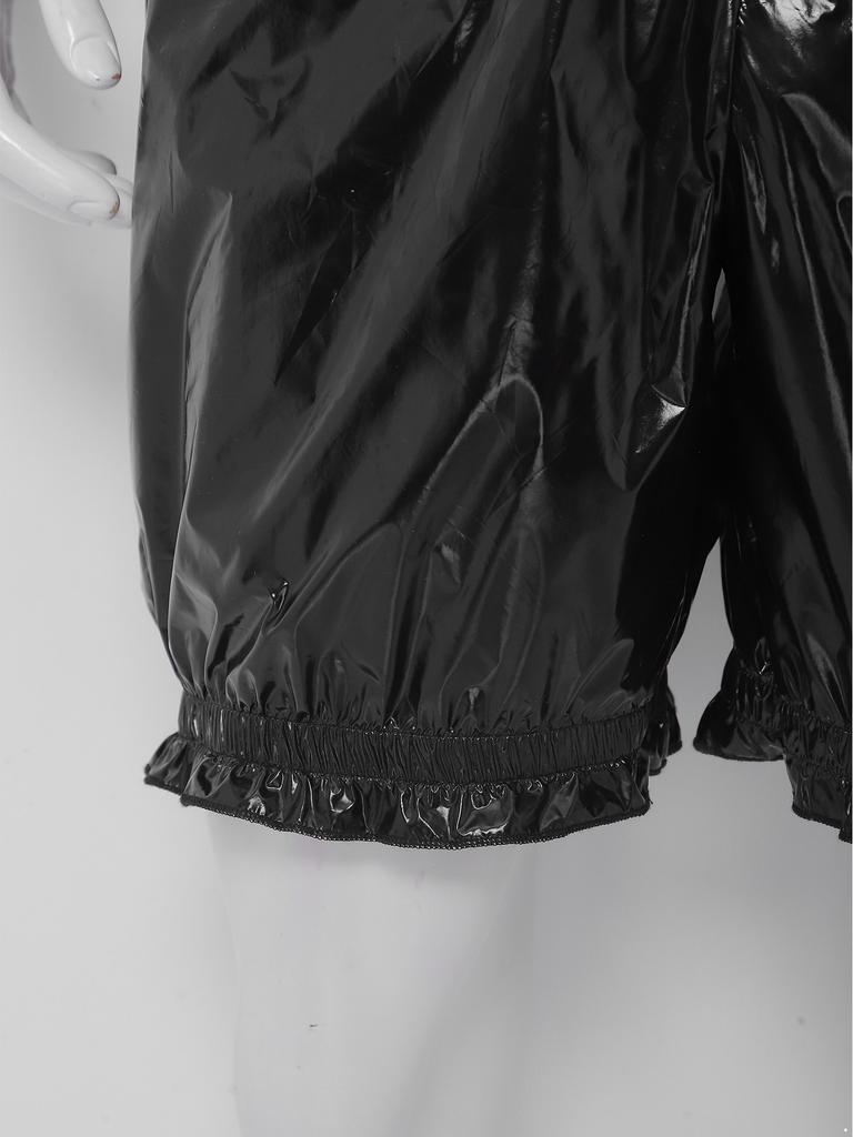 Front Zipper Mock Neck Long Sleeve Ruffled Bodysuit for Men Waterproof Vinyl Swimwear Clubwear Diaper Cover Short Bottoms