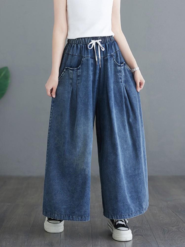 Oversized Jeans Elastic High Waist Spring Summer Long Pant Women Wide Leg Loose Pleated Modis Ladies Trousers Casual Woman Pants