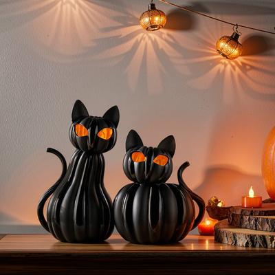 Svart Katt Figurin Halloween Bordsdekoration Resin Kattstaty med Spöklika Ögon för Fest Hem Mantelhylla Dekor Kattälskargåva