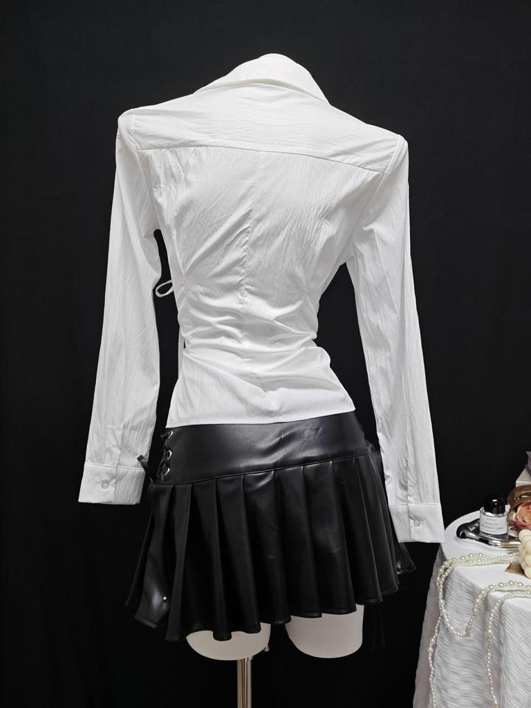 In Stock - European & American Casual Waist-Cinching Solid Color Women's Shirt