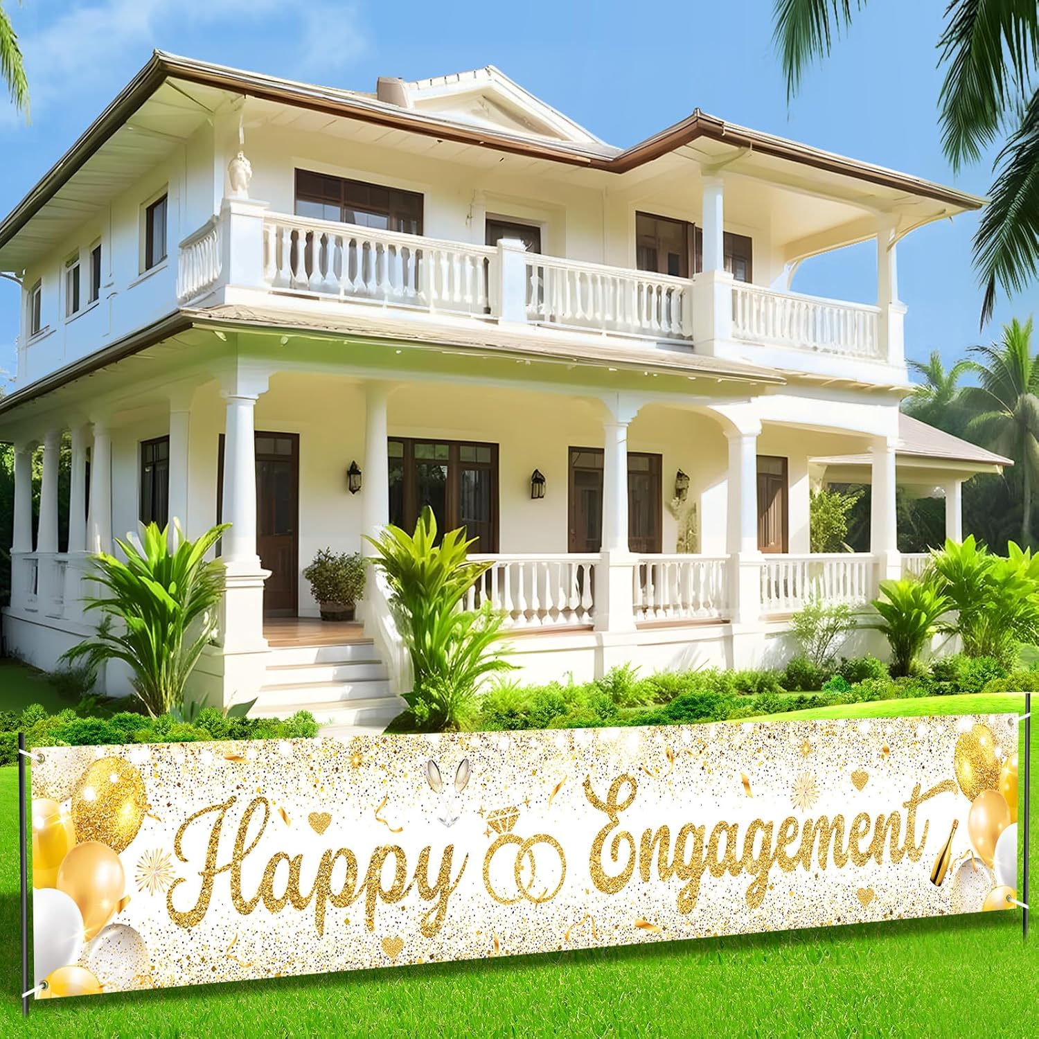 Gold Engagement Party Decorations White Gold Happy Engagement Yard Banner Just Engaged Banner Backdrop Happy Engaged Decorations for Outdoor Garden