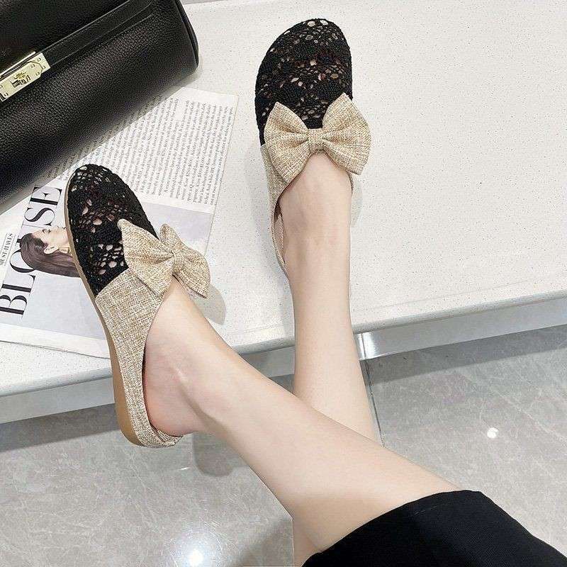Bow slippers women's 2025 new temperament flat bottom breathable hollow bag head half slippers wearing lace slippers