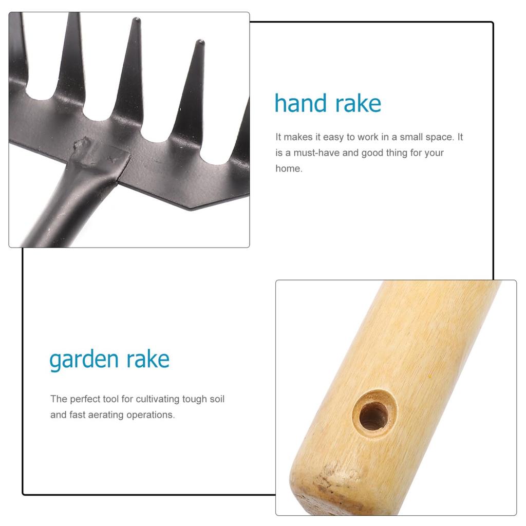 Lurrose 32cm Mini Iron Garden Rake with 5 for Loosening Soil and Mixing Gardening Hand Tool Teeth, Fertilizer,