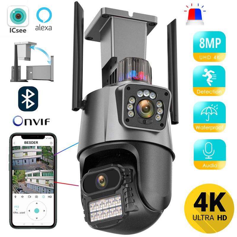 6MP 4K Wifi Security Camera, Dual Lens PTZ Outdoor Waterproof IP Camera with Police Light Alarm