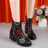 Retro Women's Ankle Boots 2024 Winter High Quality Pu Leather Ethnic Print Ladies Booties Comforta Mid Heel Round Toe Mom Shoes