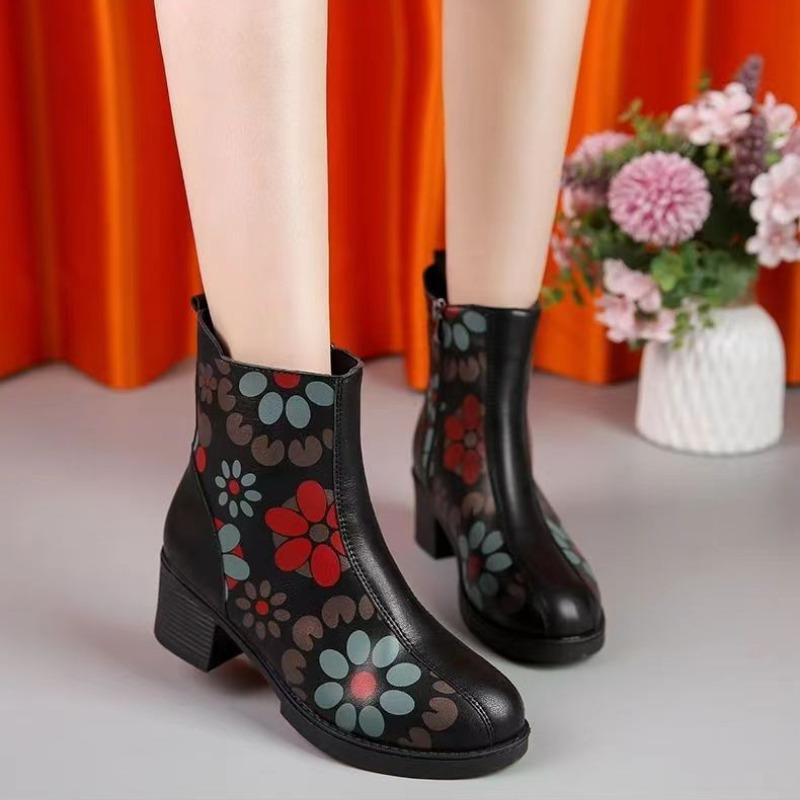 Retro Women's Ankle Boots 2024 Winter High Quality Pu Leather Ethnic Print Ladies Booties Comforta Mid Heel Round Toe Mom Shoes