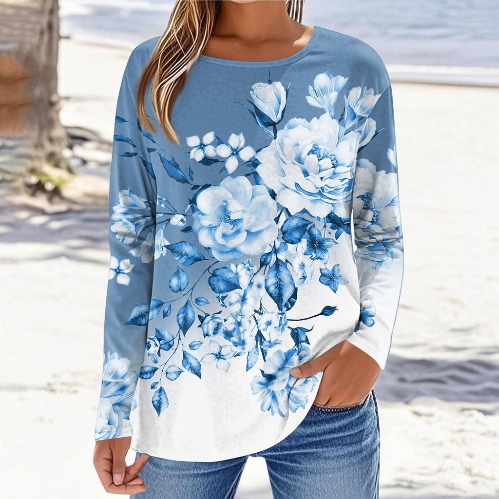 Damen Modisches Lässiges Bedrucktes Langarm Rundhals Oberteil Rundhals Oberteil Top
