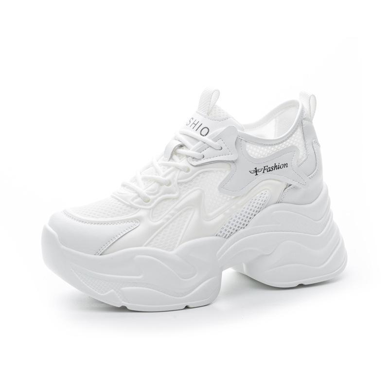 With wide-leg pants, thick-soled inner height increase, small cowhide white shoes, mesh casual sports shoes, women's shoes