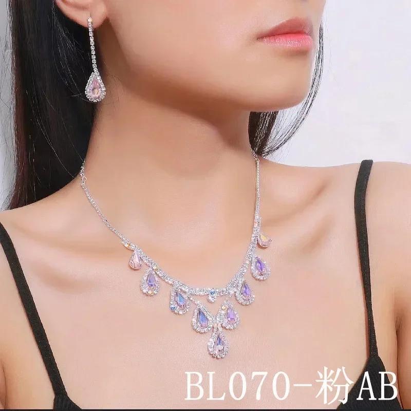 Blue Water Drop Rhinestones Necklace For Women  Inlaid Zircon Pendant Fashion Jewelry Accessory