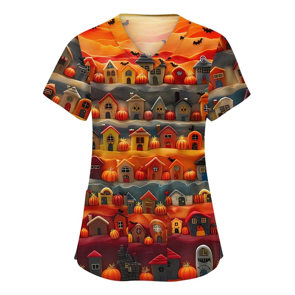 Damenmode V-Ausschnitt Kurzarm Arbeitskleidung mit Taschen Halloween bedruckte Tops