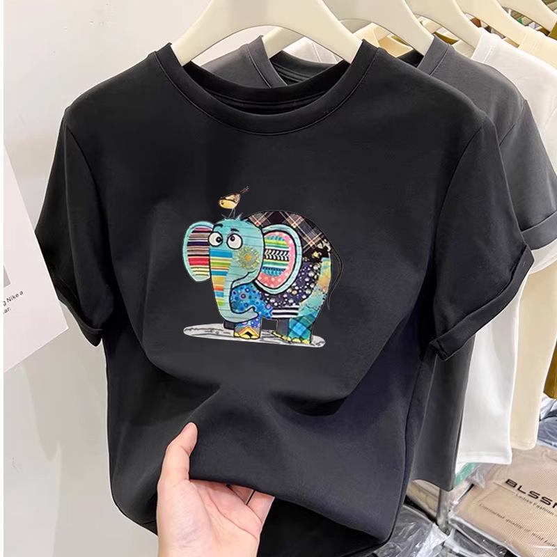 Summer new cartoon cute baby elephant printed short-sleeved T-shirt women's fashion versatile casual top bottoming shirt