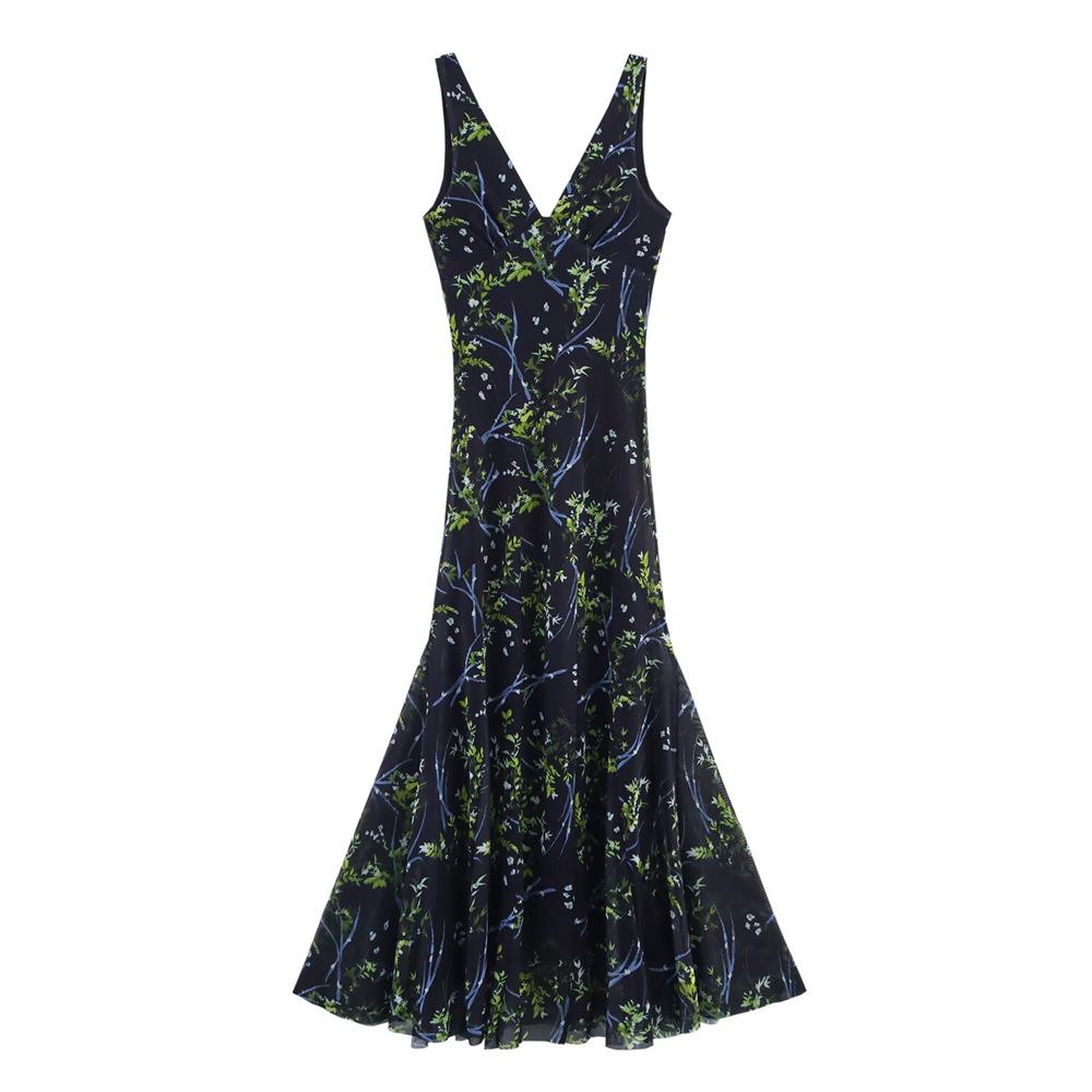 2025 Spring/Summer Women's Slimming Floral Silk V-Neck Sleeveless Dress