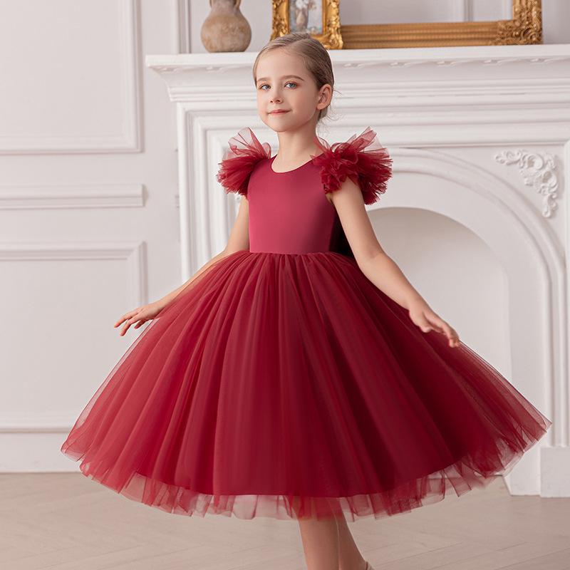 

Элегантное платье принцессы из сетки с пышными рукавами для маленьких девочек - Вечернее платье ведущей, платье для фортепиано с пышной юбкой 110cm (5Y) вино красного