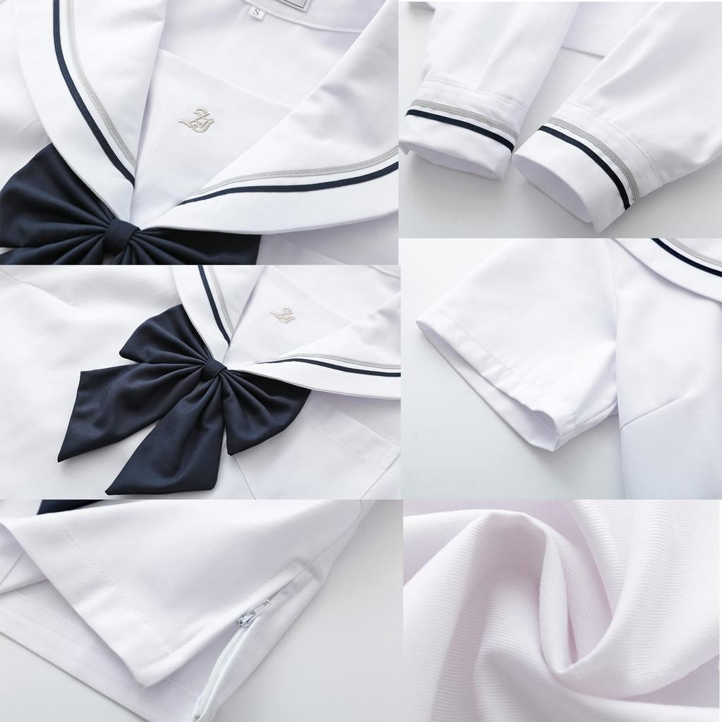 DERAYEE Sailor Uniform Cosplay High School Girl Includes Uniform White and Navy and Bowknot for School Festivals White Short 3-Piece Set, Skirt,