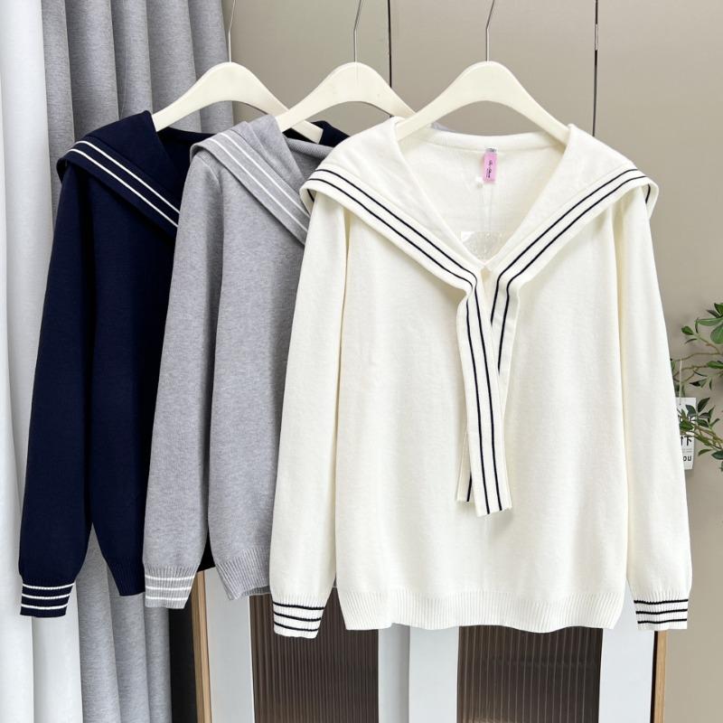 Plus Size Women Ribbon Sailor Collar Long Sleeve Knit Sweater